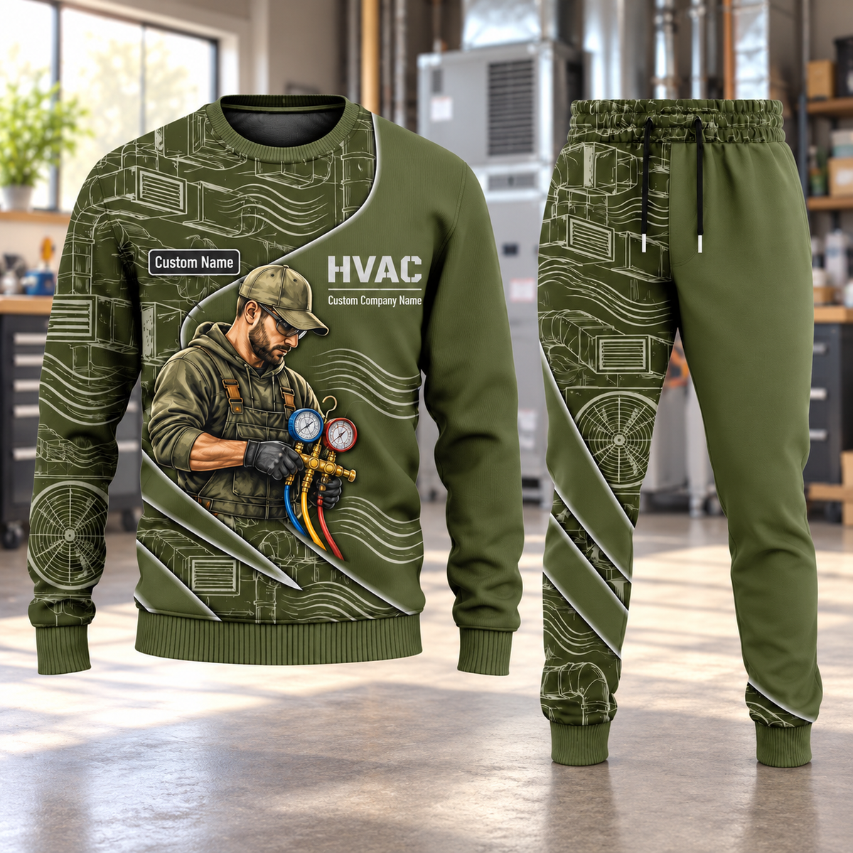 HVAC Curved Panel sweater and jogger combo, hero view with name and company artwork