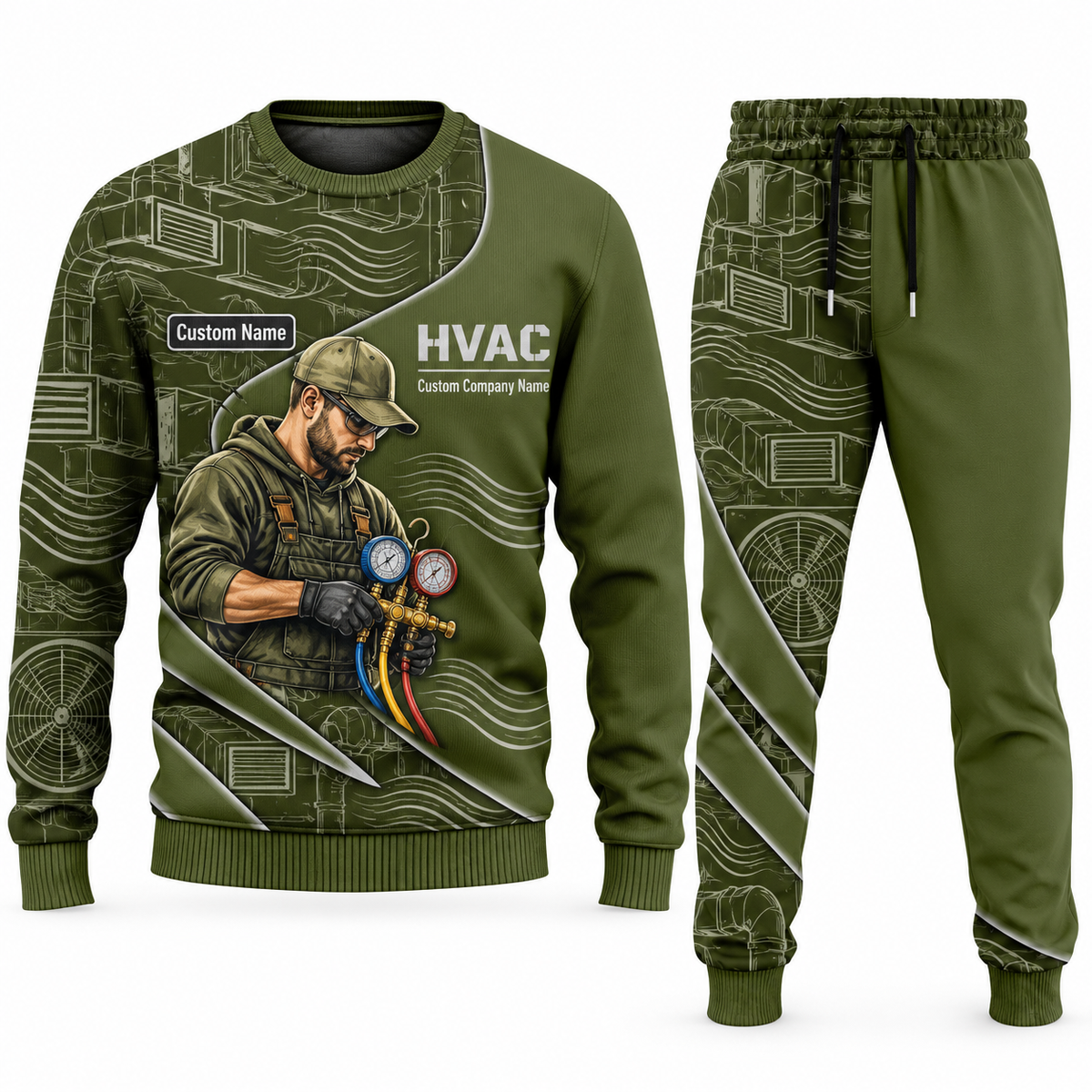 HVAC Curved Panel sweater and jogger combo, olive view with name and company artwork