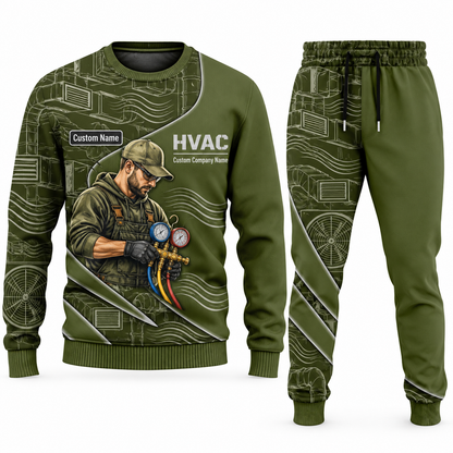 HVAC Curved Panel sweater and jogger combo, olive view with name and company artwork