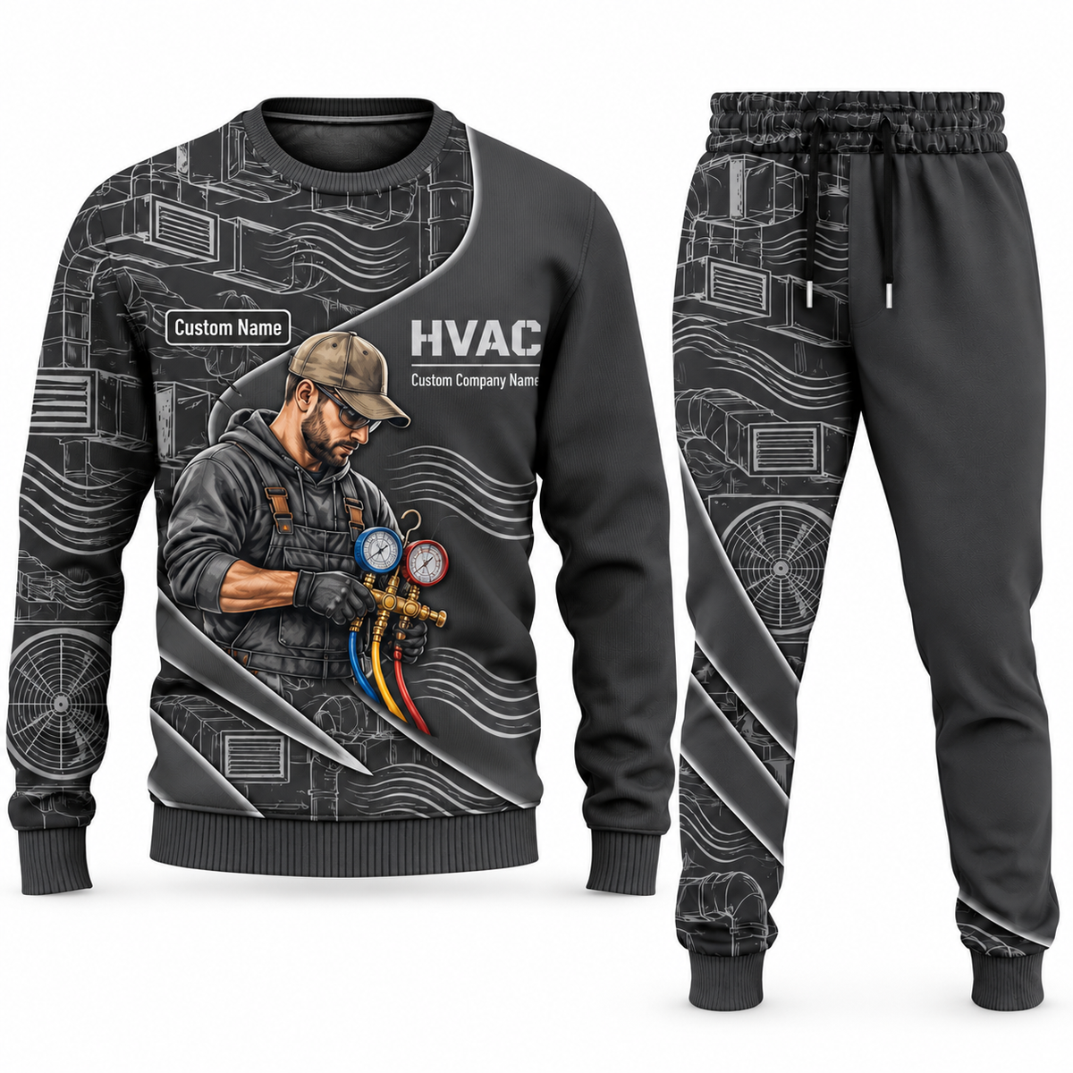 HVAC Curved Panel sweater and jogger combo, charcoal view with name and company artwork