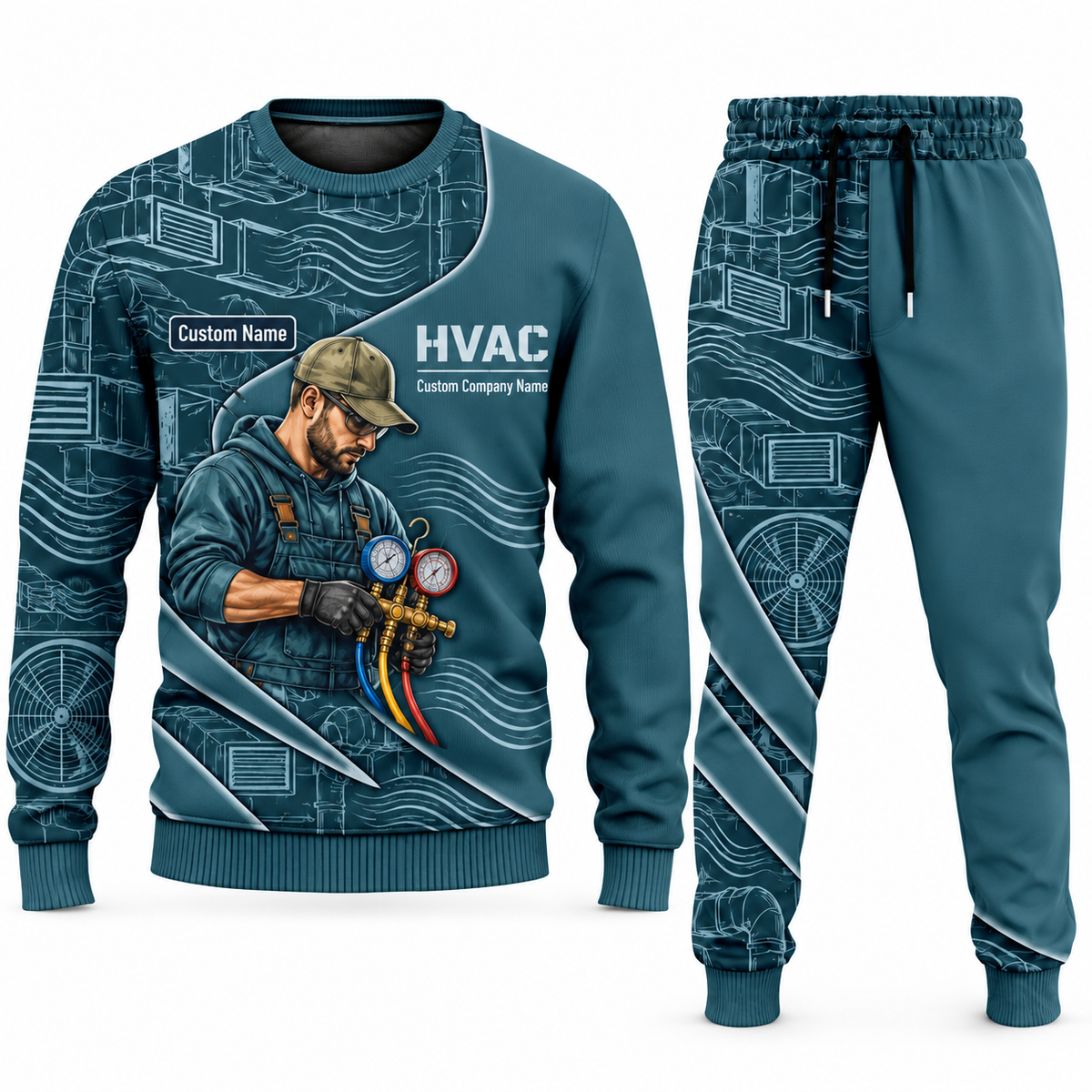 HVAC Curved Panel sweater and jogger combo, teal view with name and company artwork