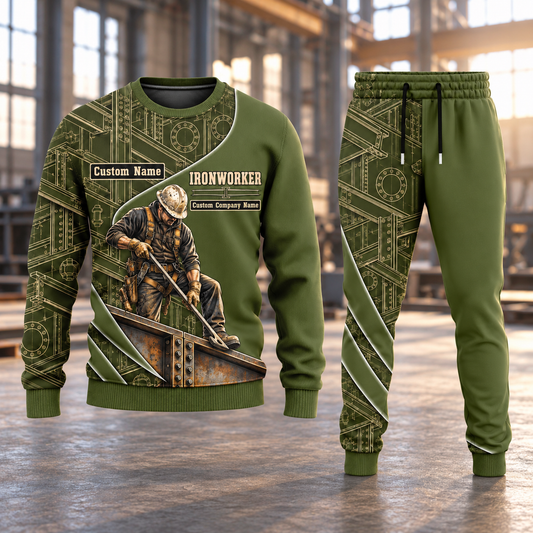 Ironworker Curved Panel sweater and jogger combo, hero view with name and company artwork