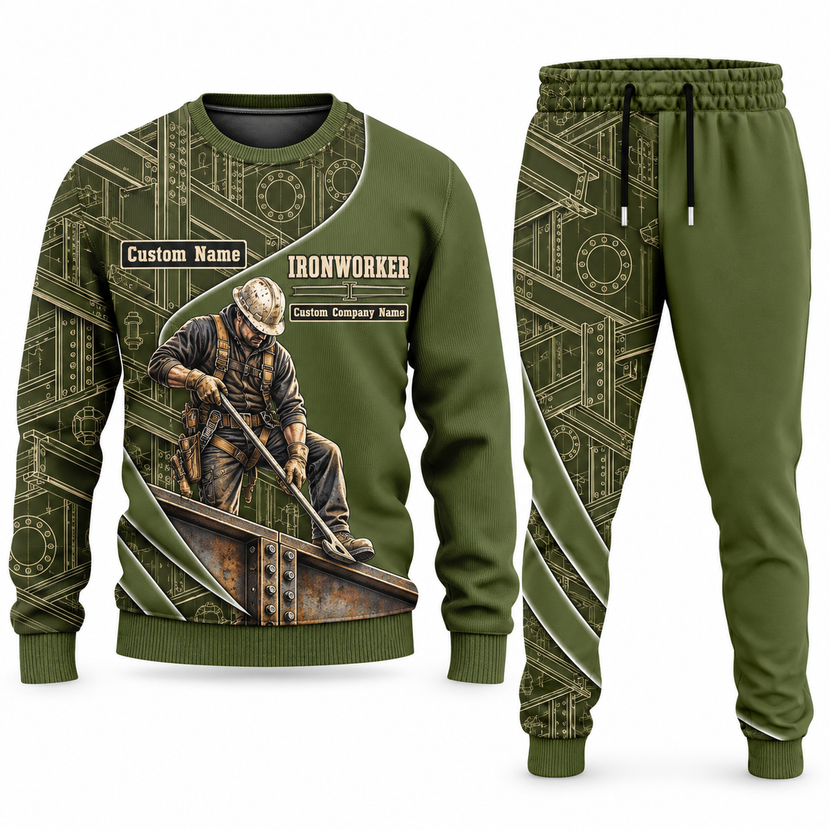 Ironworker Curved Panel sweater and jogger combo, olive view with name and company artwork