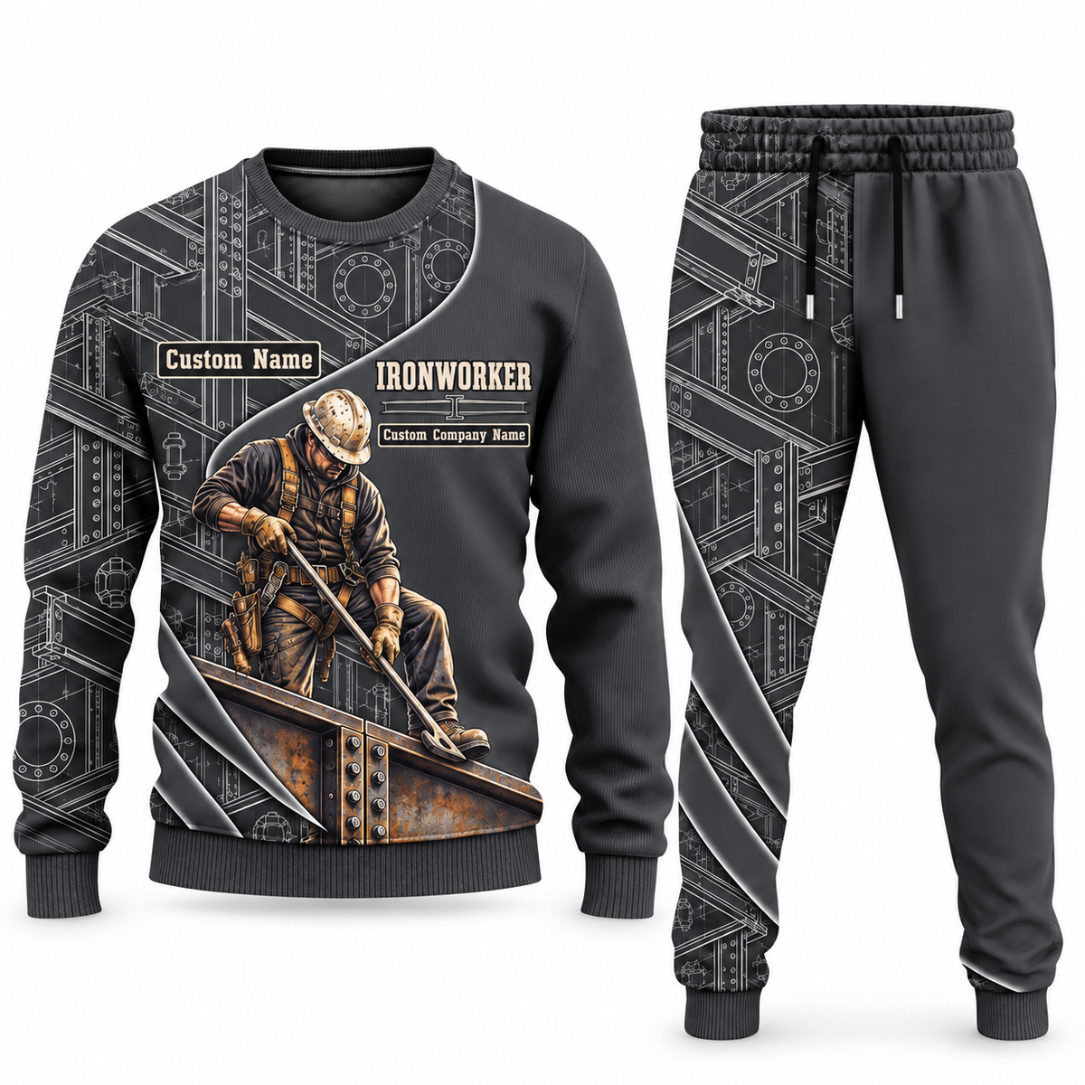 Ironworker Curved Panel sweater and jogger combo, charcoal view with name and company artwork