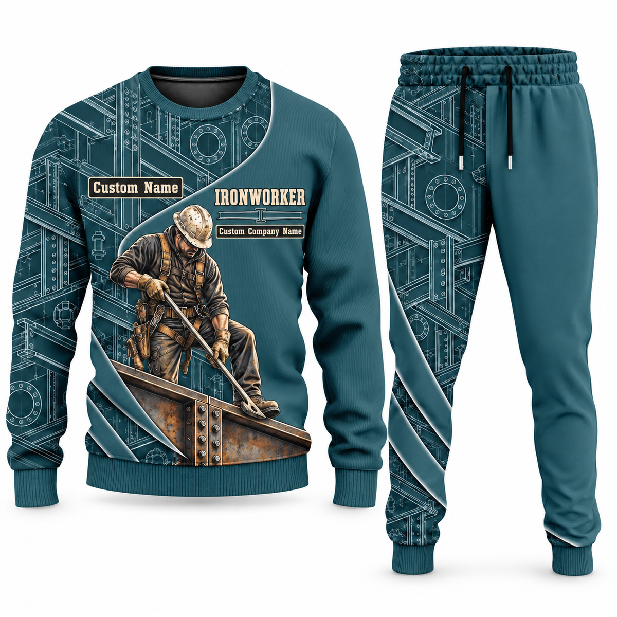 Ironworker Curved Panel sweater and jogger combo, teal view with name and company artwork
