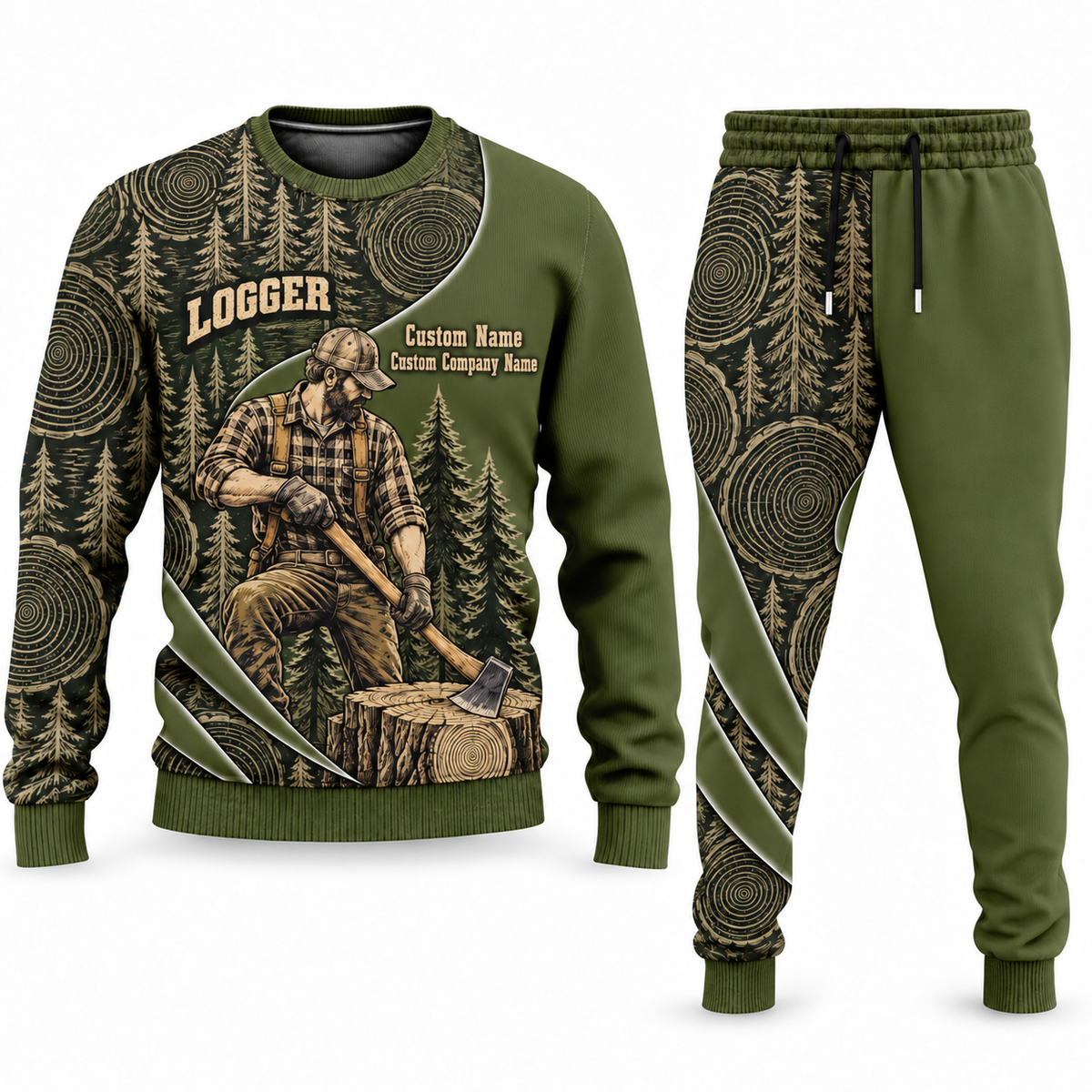 Logger Curved Panel sweater and jogger combo, olive view with name and company artwork