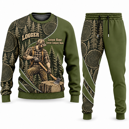 Logger Curved Panel sweater and jogger combo, olive view with name and company artwork