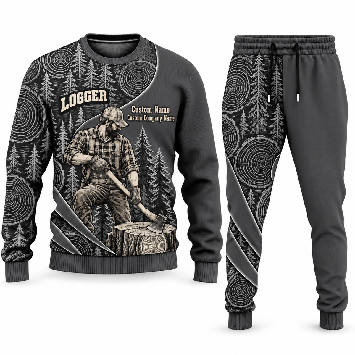 Logger Curved Panel sweater and jogger combo, charcoal view with name and company artwork