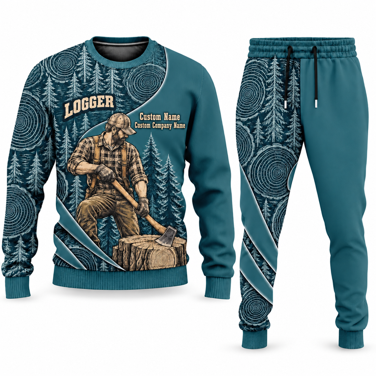 Logger Curved Panel sweater and jogger combo, teal view with name and company artwork