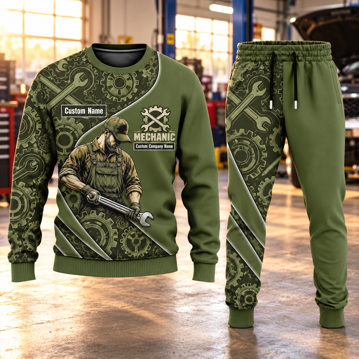 Mechanic Curved Panel sweater and jogger combo, hero view with name and company artwork