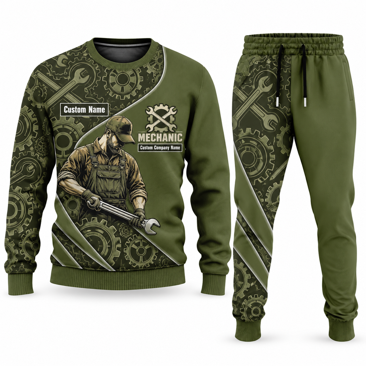Mechanic Curved Panel sweater and jogger combo, olive view with name and company artwork