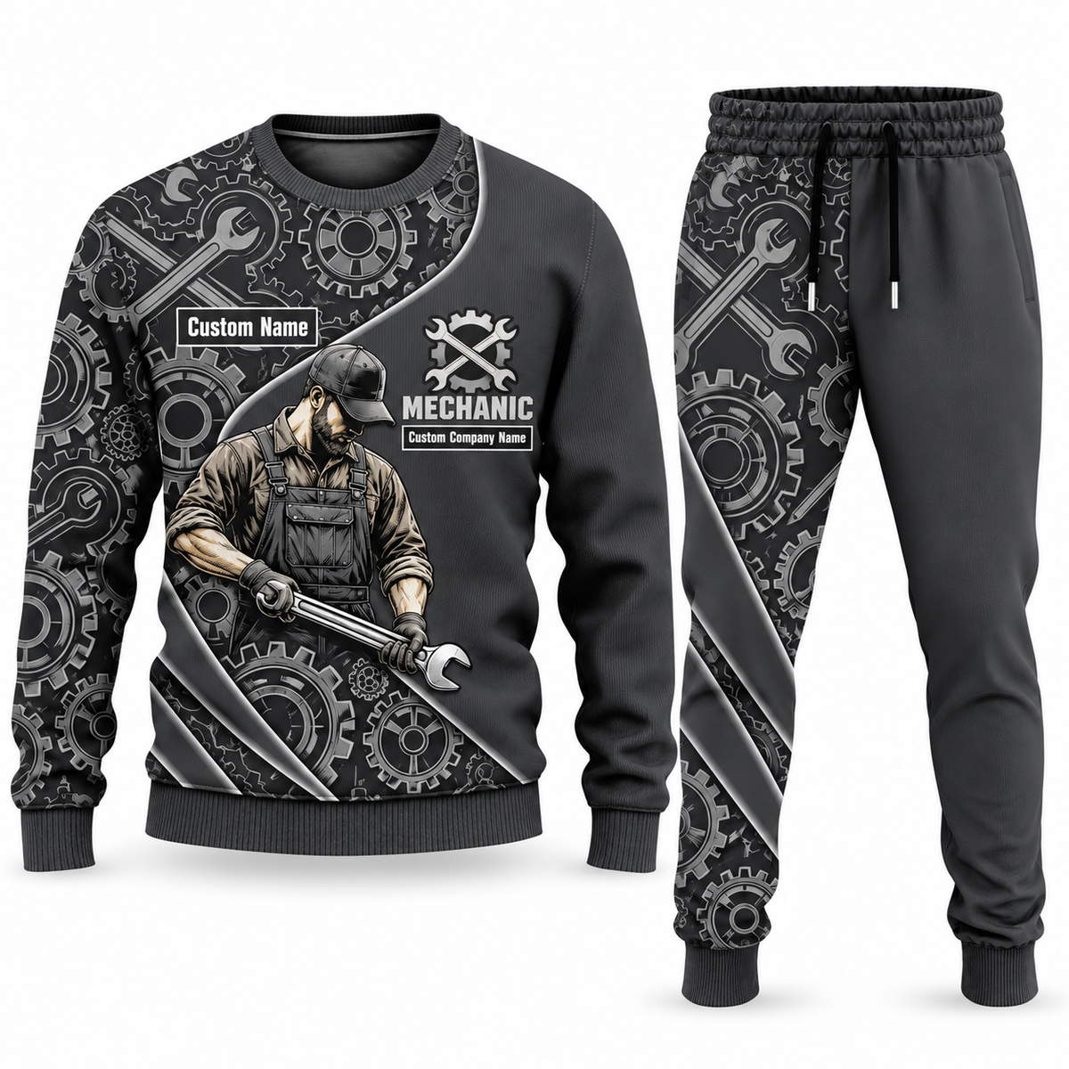 Mechanic Curved Panel sweater and jogger combo, charcoal view with name and company artwork