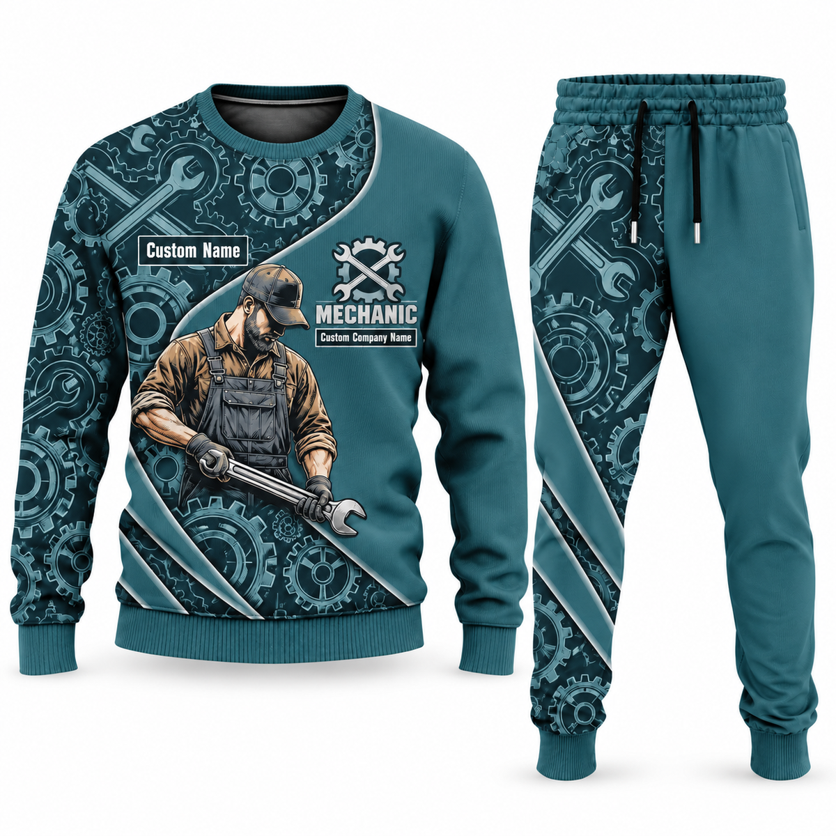 Mechanic Curved Panel sweater and jogger combo, teal view with name and company artwork