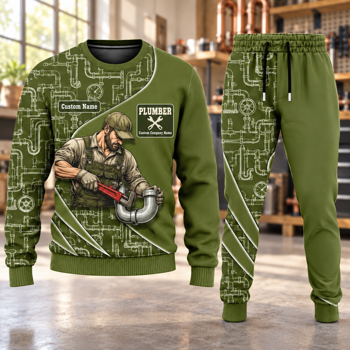 Plumber Curved Panel sweater and jogger combo, hero view with name and company artwork
