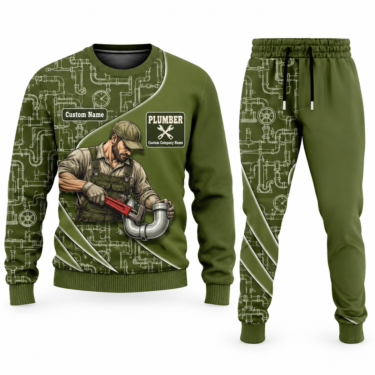 Plumber Curved Panel sweater and jogger combo, olive view with name and company artwork