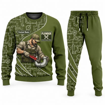 Plumber Curved Panel sweater and jogger combo, olive view with name and company artwork