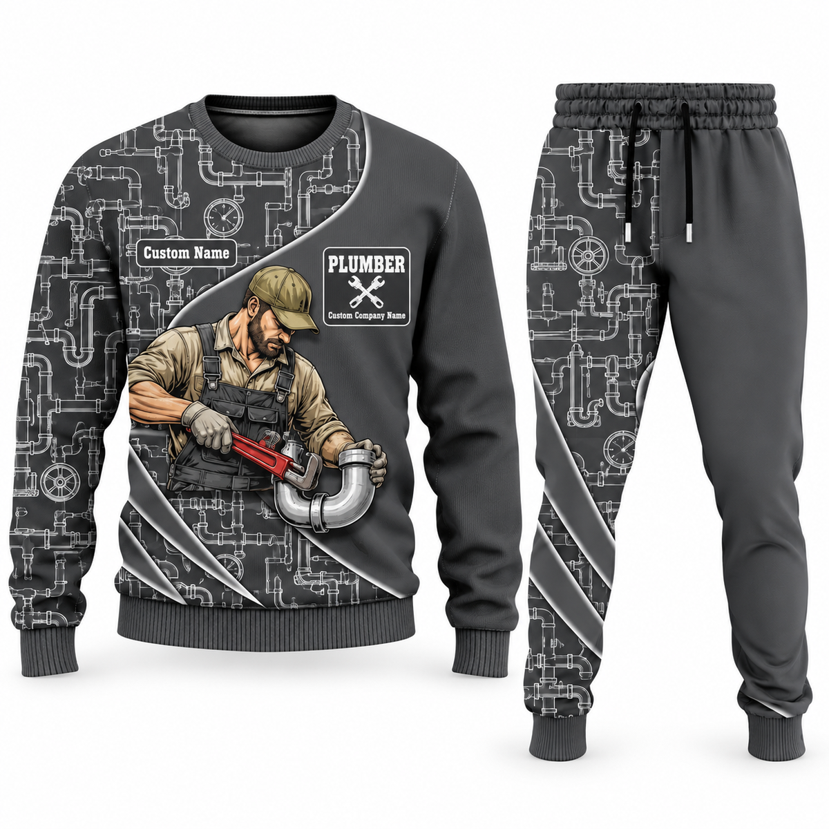 Plumber Curved Panel sweater and jogger combo, charcoal view with name and company artwork