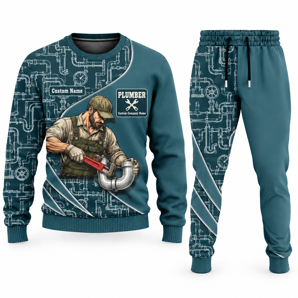 Plumber Curved Panel sweater and jogger combo, teal view with name and company artwork