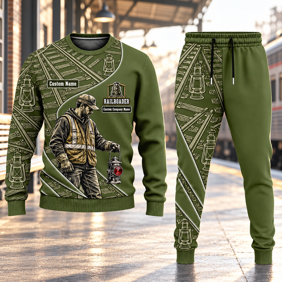 Railroader Curved Panel sweater and jogger combo, hero view with name and company artwork