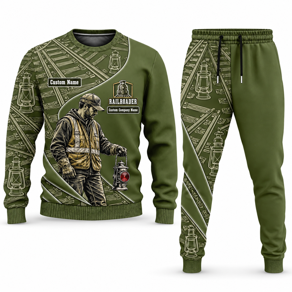 Railroader Curved Panel sweater and jogger combo, olive view with name and company artwork