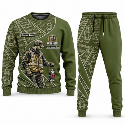 Railroader Curved Panel sweater and jogger combo, olive view with name and company artwork