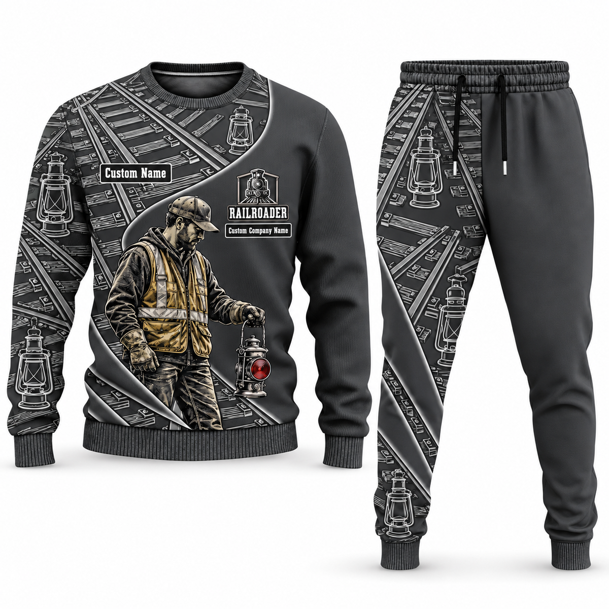 Railroader Curved Panel sweater and jogger combo, charcoal view with name and company artwork