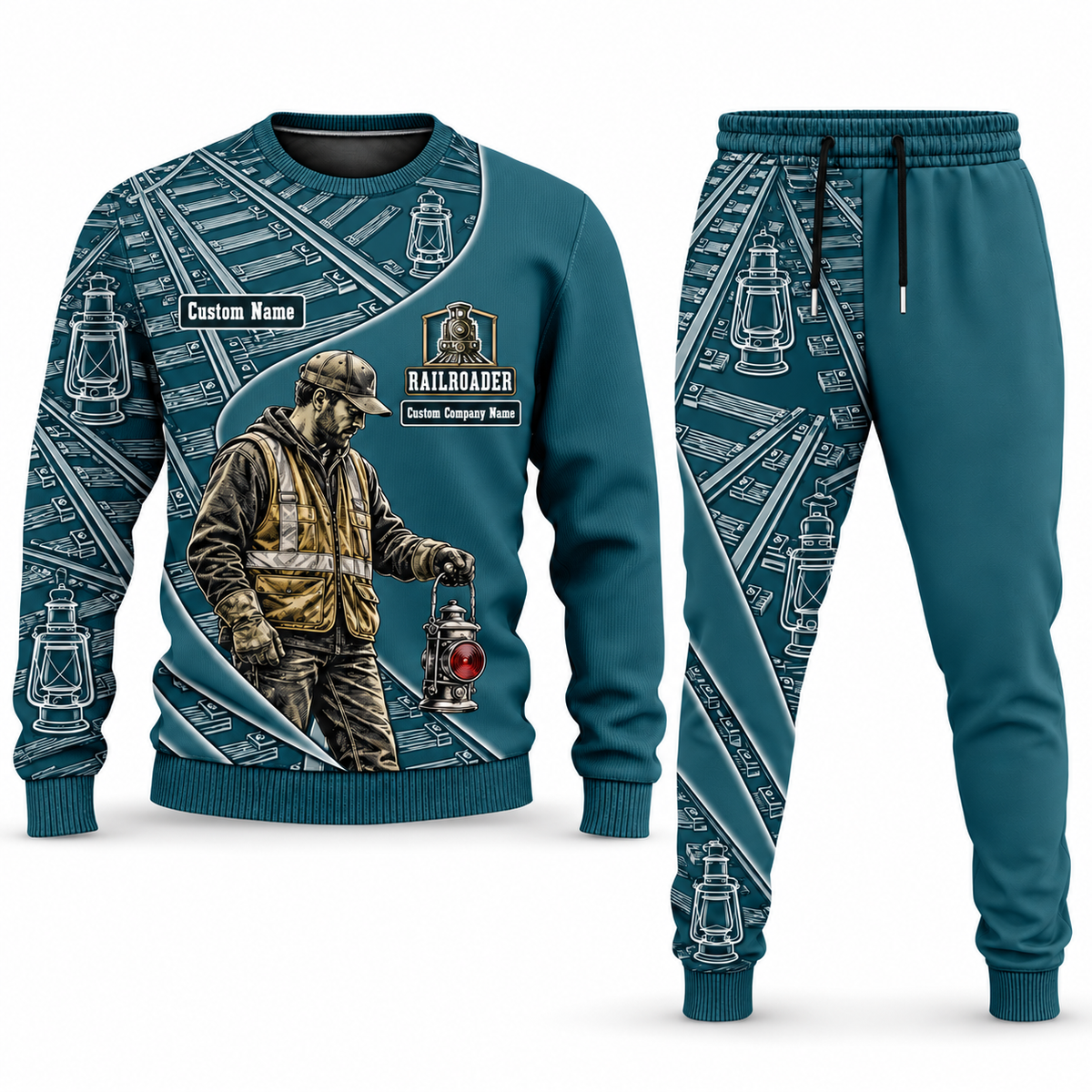 Railroader Curved Panel sweater and jogger combo, teal view with name and company artwork