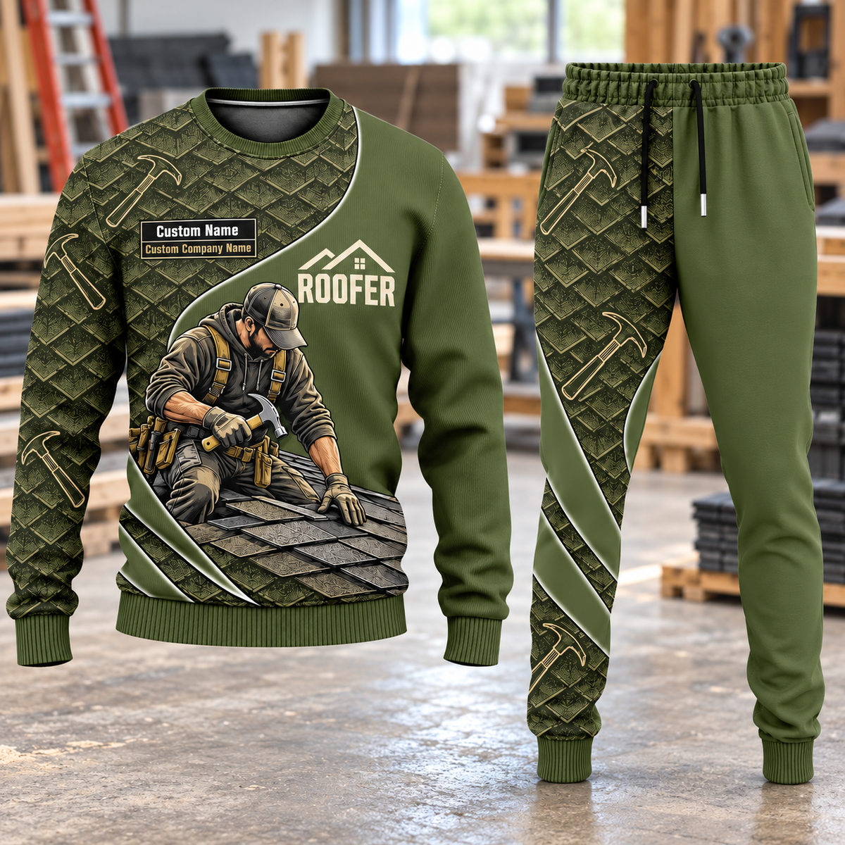 Roofer Curved Panel sweater and jogger combo, hero view with name and company artwork