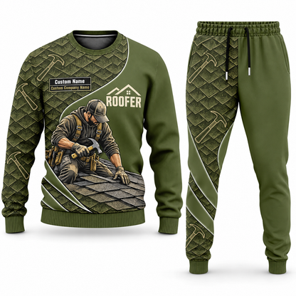 Roofer Curved Panel sweater and jogger combo, olive view with name and company artwork