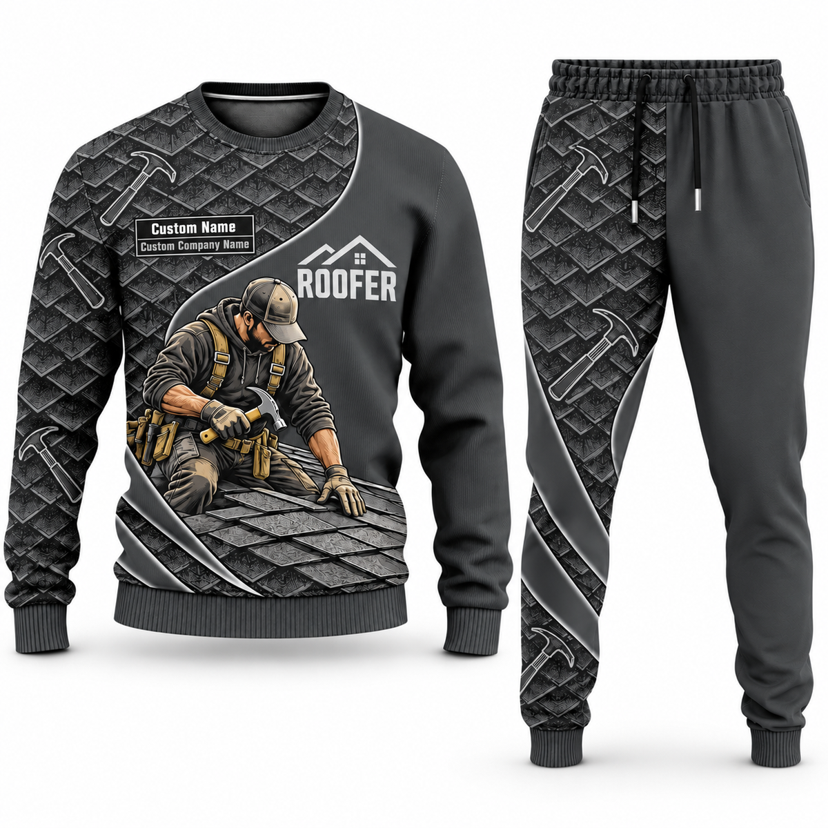 Roofer Curved Panel sweater and jogger combo, charcoal view with name and company artwork