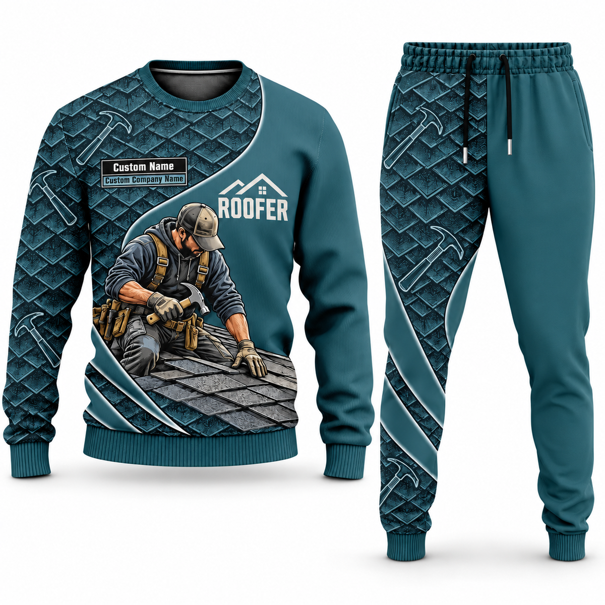 Roofer Curved Panel sweater and jogger combo, teal view with name and company artwork