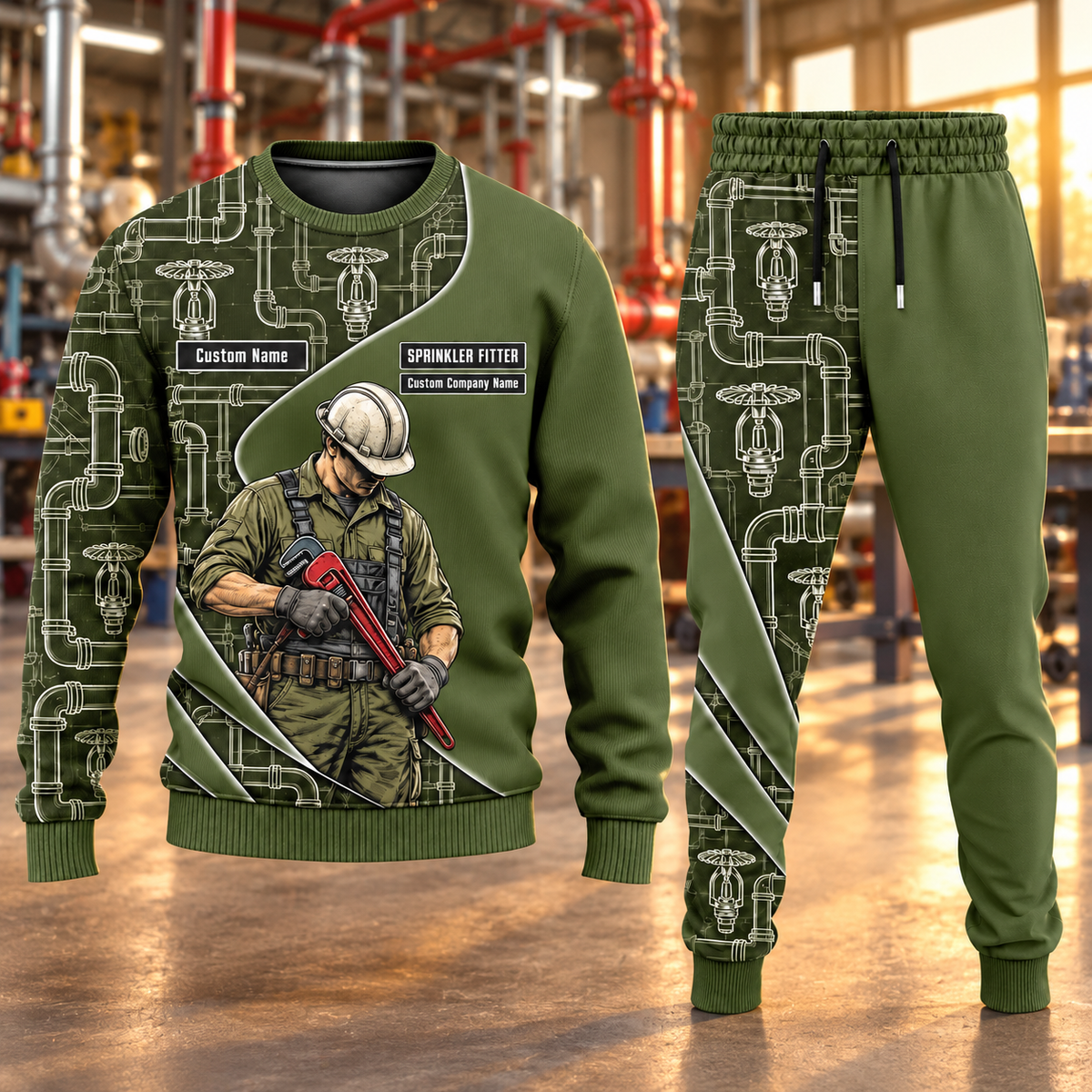 Sprinkler Fitter Curved Panel sweater and jogger combo, hero view with name and company artwork