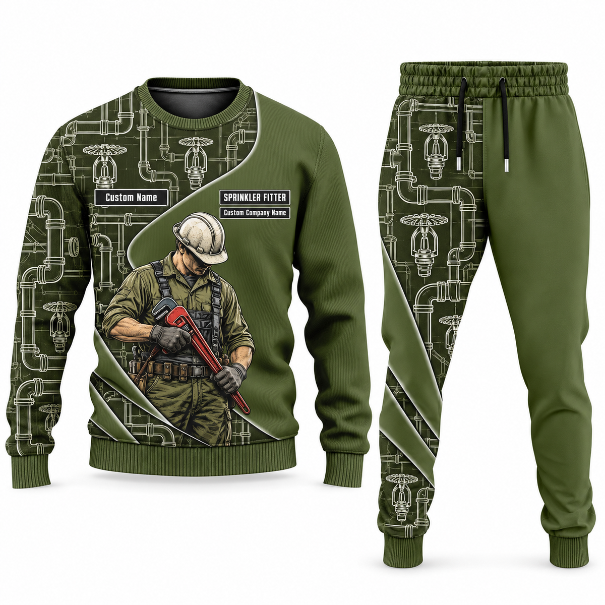Sprinkler Fitter Curved Panel sweater and jogger combo, olive view with name and company artwork