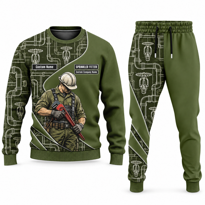 Sprinkler Fitter Curved Panel sweater and jogger combo, olive view with name and company artwork