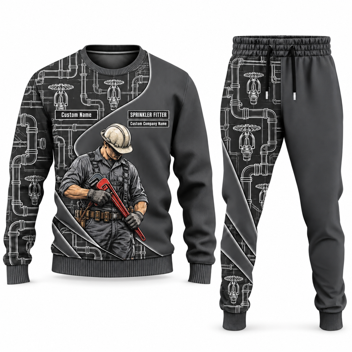 Sprinkler Fitter Curved Panel sweater and jogger combo, charcoal view with name and company artwork
