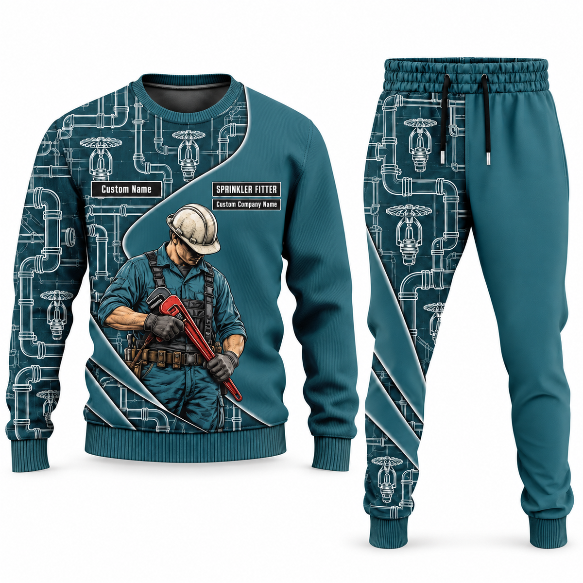 Sprinkler Fitter Curved Panel sweater and jogger combo, teal view with name and company artwork