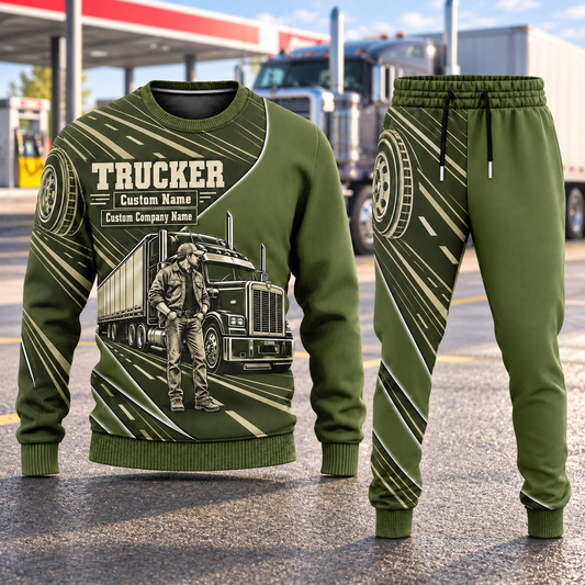 Trucker Curved Panel sweater and jogger combo, hero view with name and company artwork