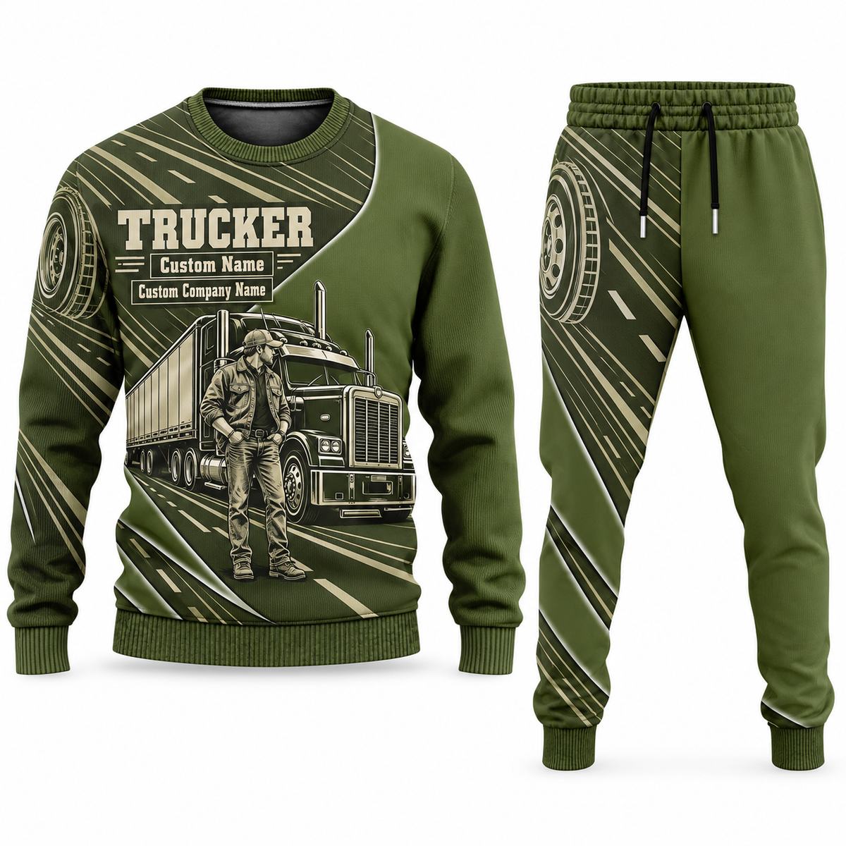 Trucker Curved Panel sweater and jogger combo, olive view with name and company artwork