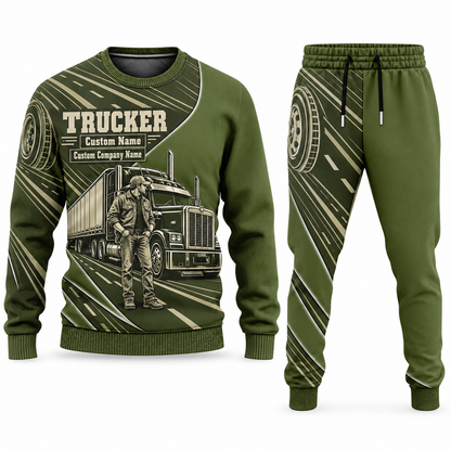 Trucker Curved Panel sweater and jogger combo, olive view with name and company artwork