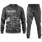 Trucker Curved Panel sweater and jogger combo, charcoal view with name and company artwork