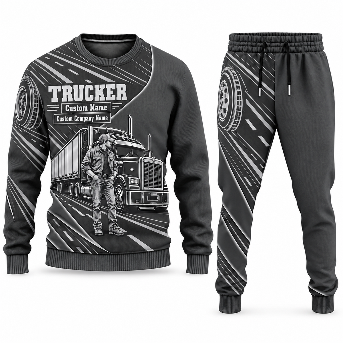 Trucker Curved Panel sweater and jogger combo, charcoal view with name and company artwork