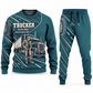 Trucker Curved Panel sweater and jogger combo, teal view with name and company artwork