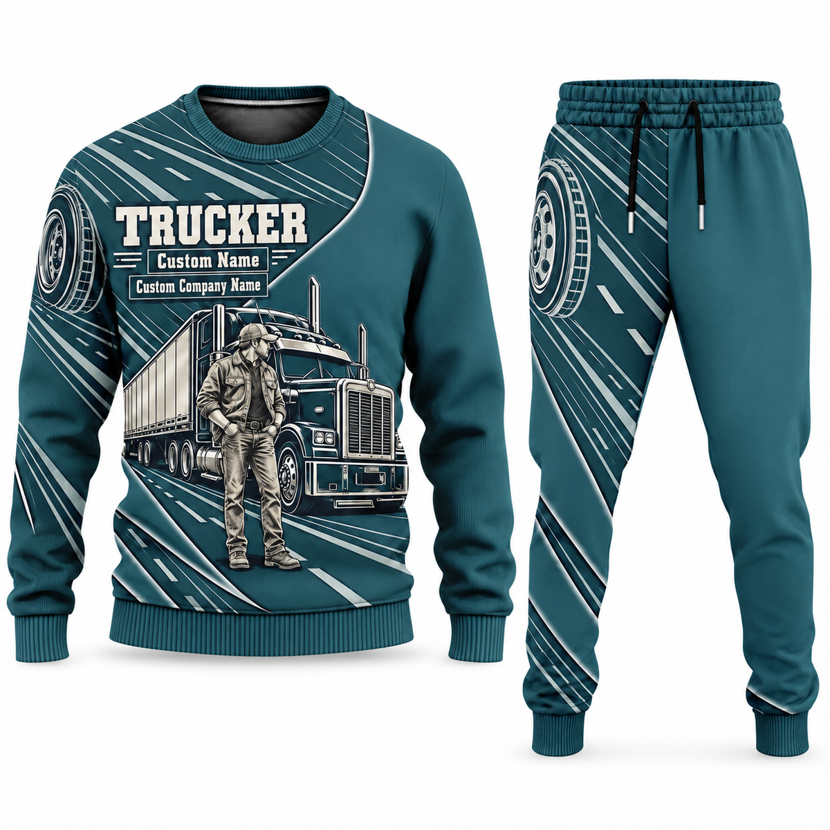 Trucker Curved Panel sweater and jogger combo, teal view with name and company artwork