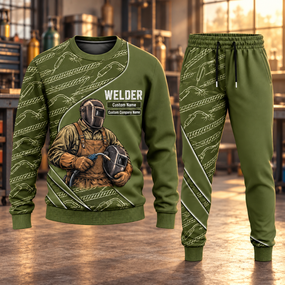 Welder Curved Panel sweater and jogger combo, hero view with name and company artwork