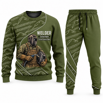 Welder Curved Panel sweater and jogger combo, olive view with name and company artwork