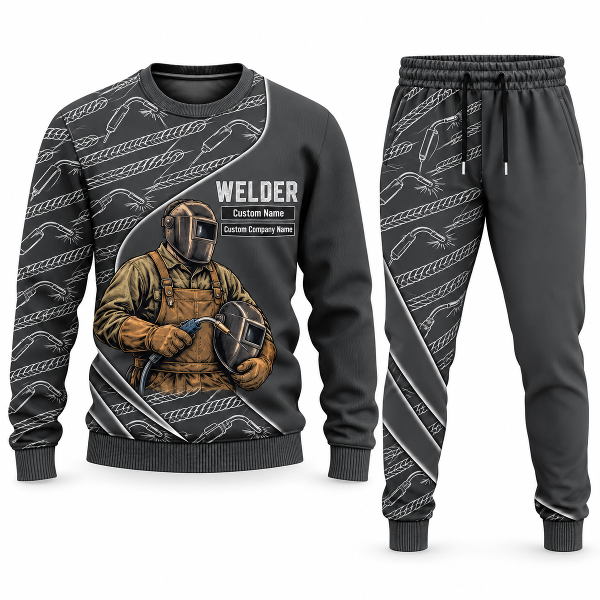 Welder Curved Panel sweater and jogger combo, charcoal view with name and company artwork