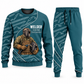 Welder Curved Panel sweater and jogger combo, teal view with name and company artwork