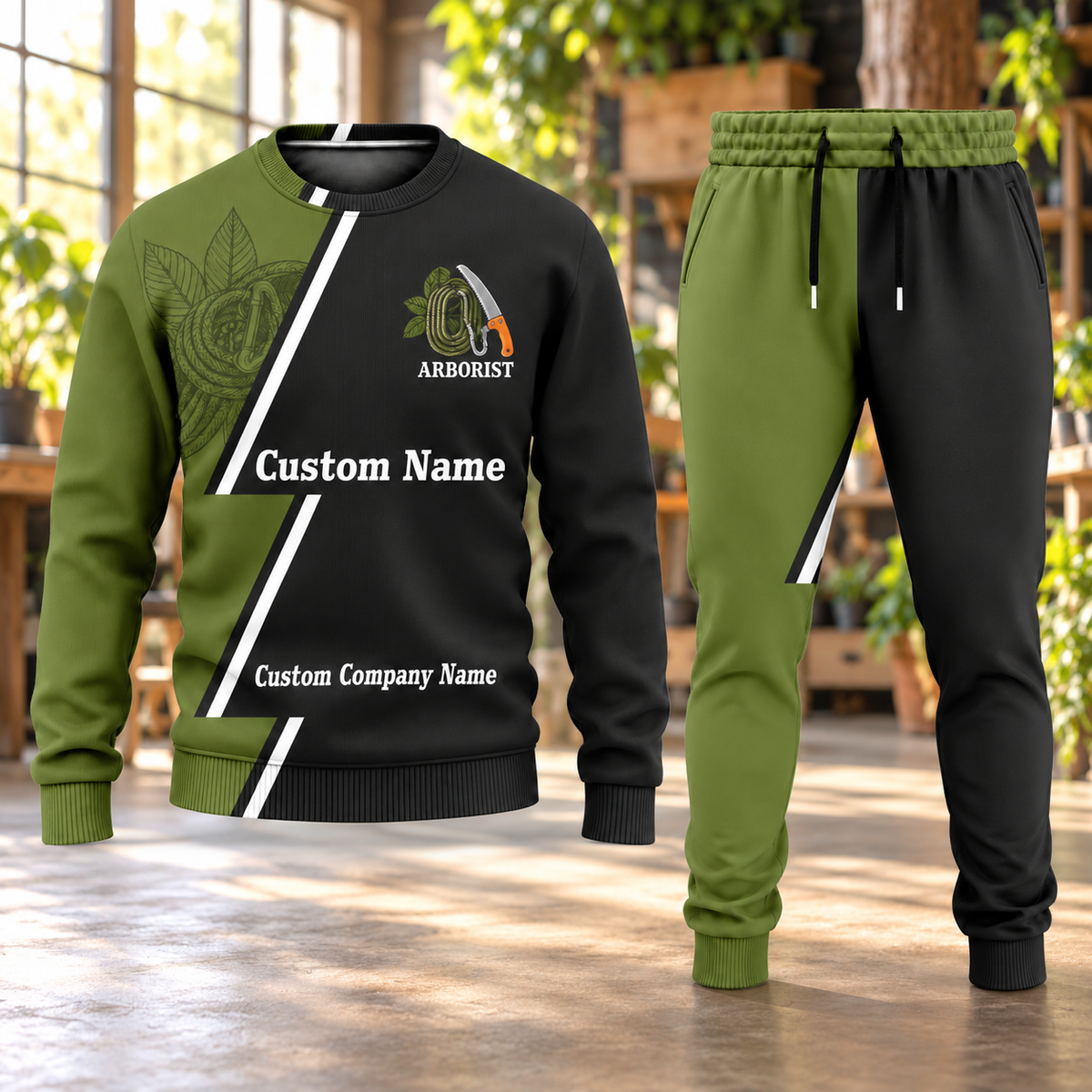 Arborist Diagonal Stripe sweater and jogger combo, hero view with name and company artwork