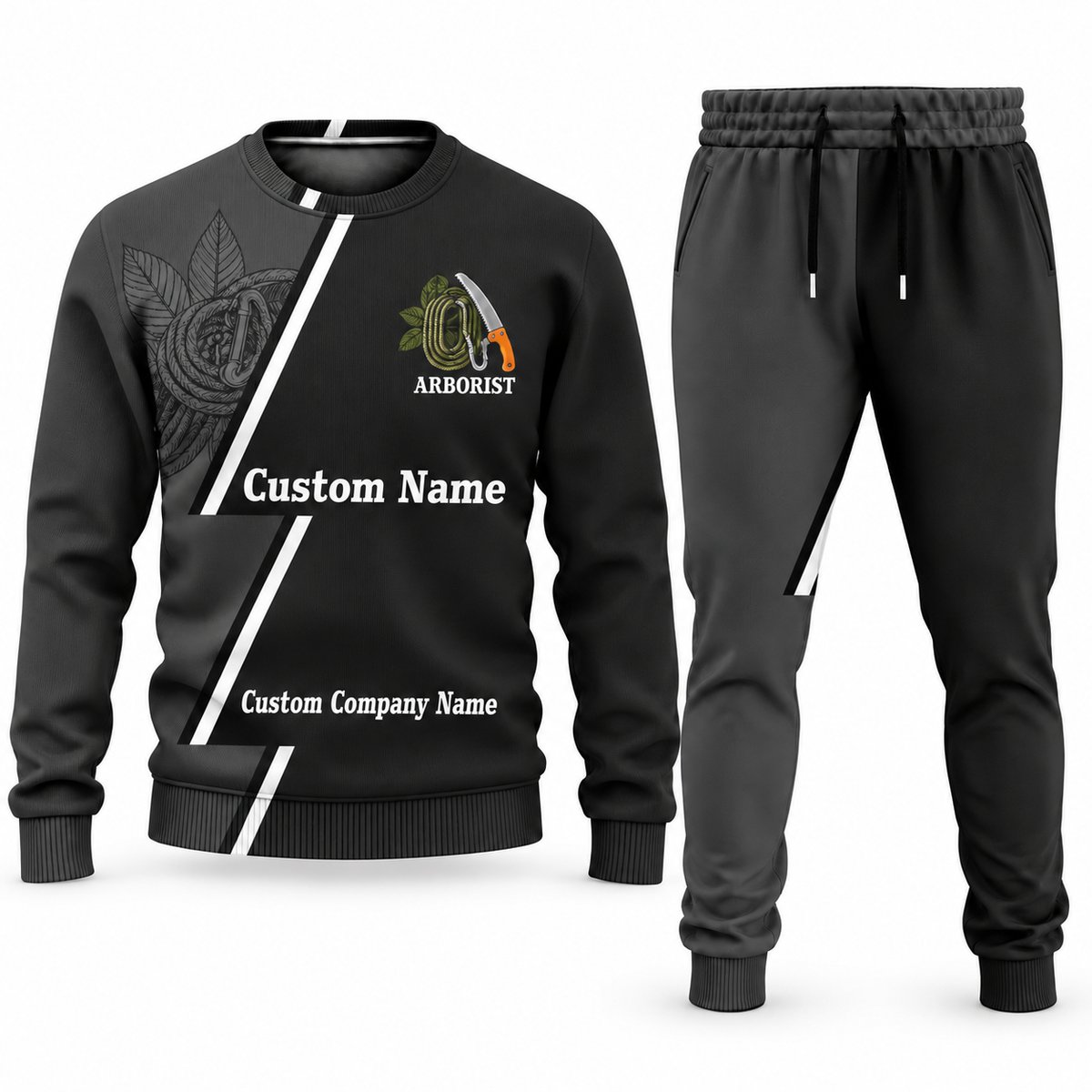 Arborist Diagonal Stripe sweater and jogger combo, charcoal view with name and company artwork