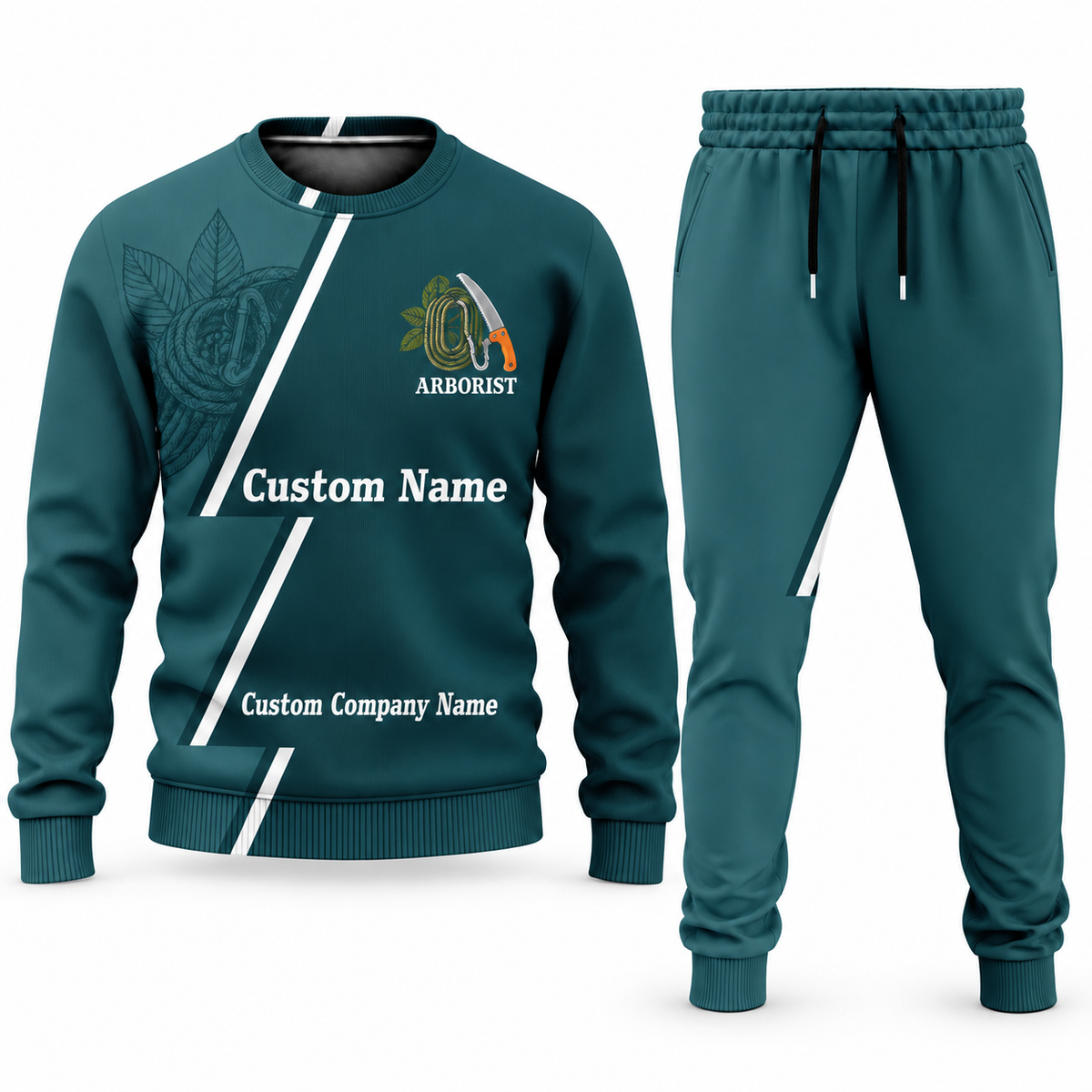 Arborist Diagonal Stripe sweater and jogger combo, teal view with name and company artwork